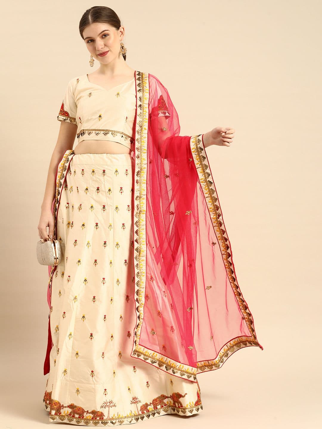 Shaily Cream-Coloured & Pink Embroidered Thread Work Semi-Stitched Lehenga & Unstitched Blouse With Dupatta - view 1