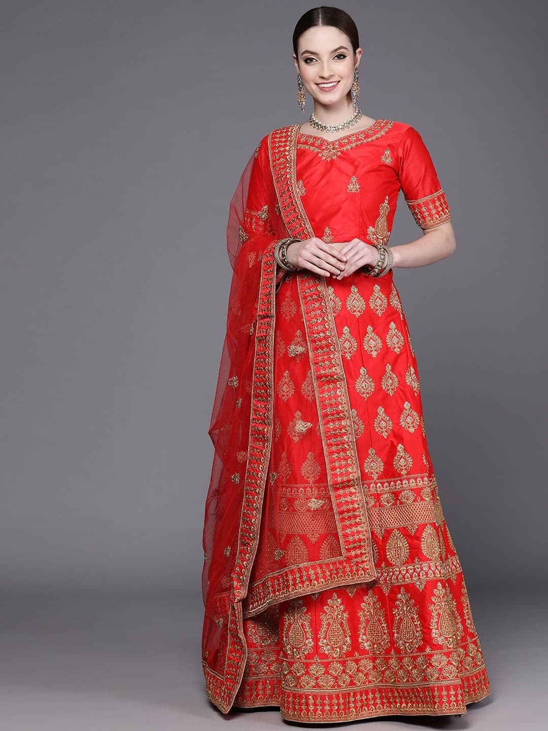 Mitera Red & Gold-Toned Embroidered Semi-Stitched Lehenga & Unstitched Blouse With Dupatta - view 1