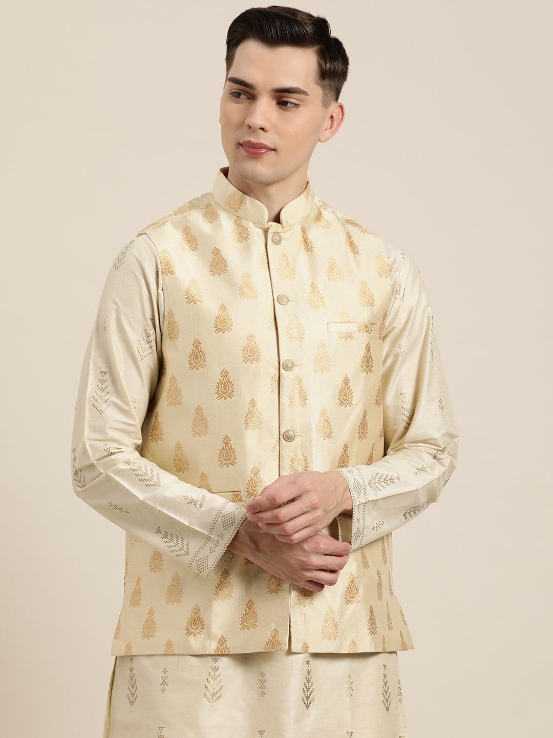SOJANYA Men Beige & Golden Self-Design Nehru Jacket - view 1