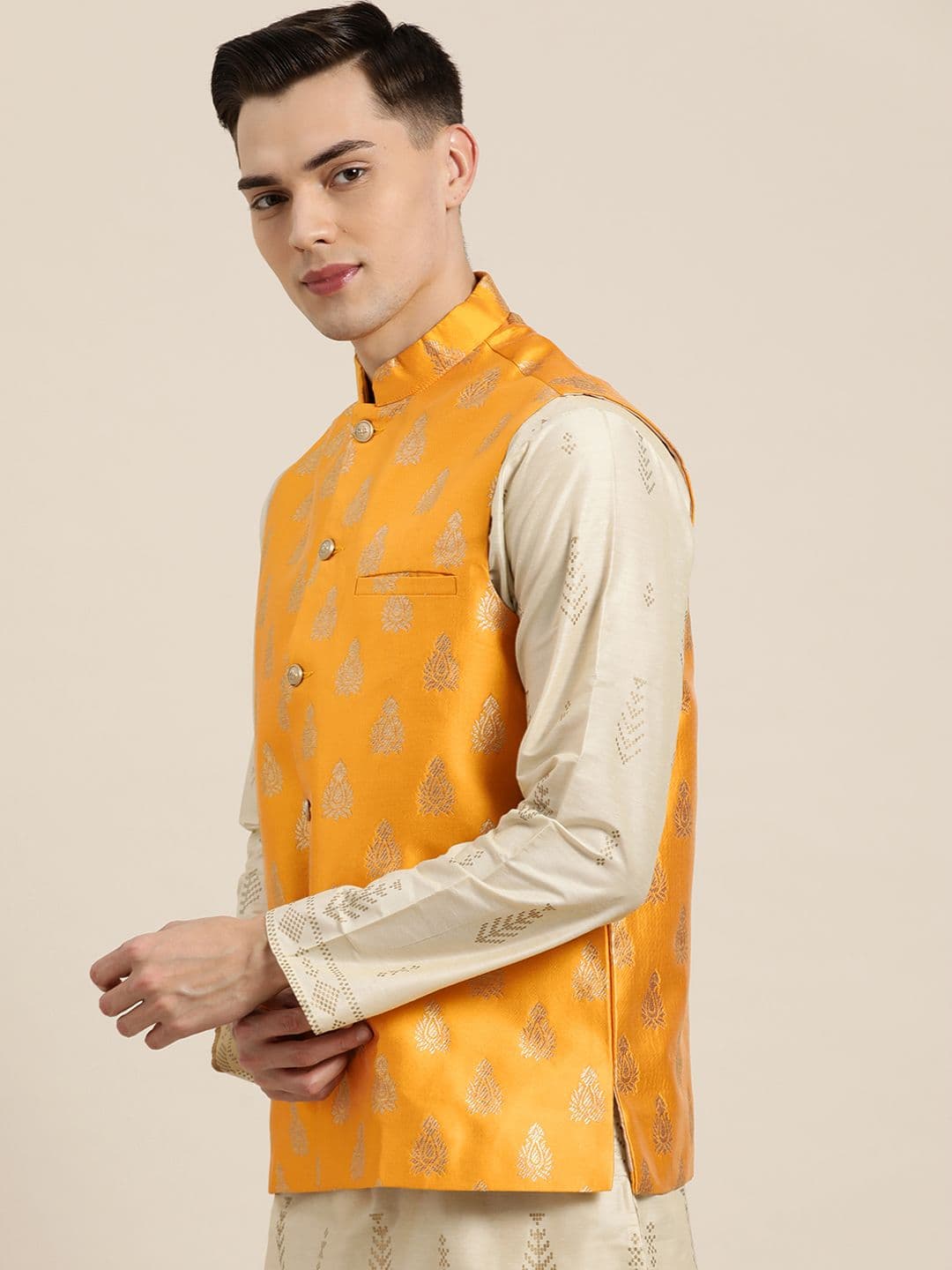 SOJANYA Men Mustard Yellow & Golden Self-Design Nehru Jacket - view 1