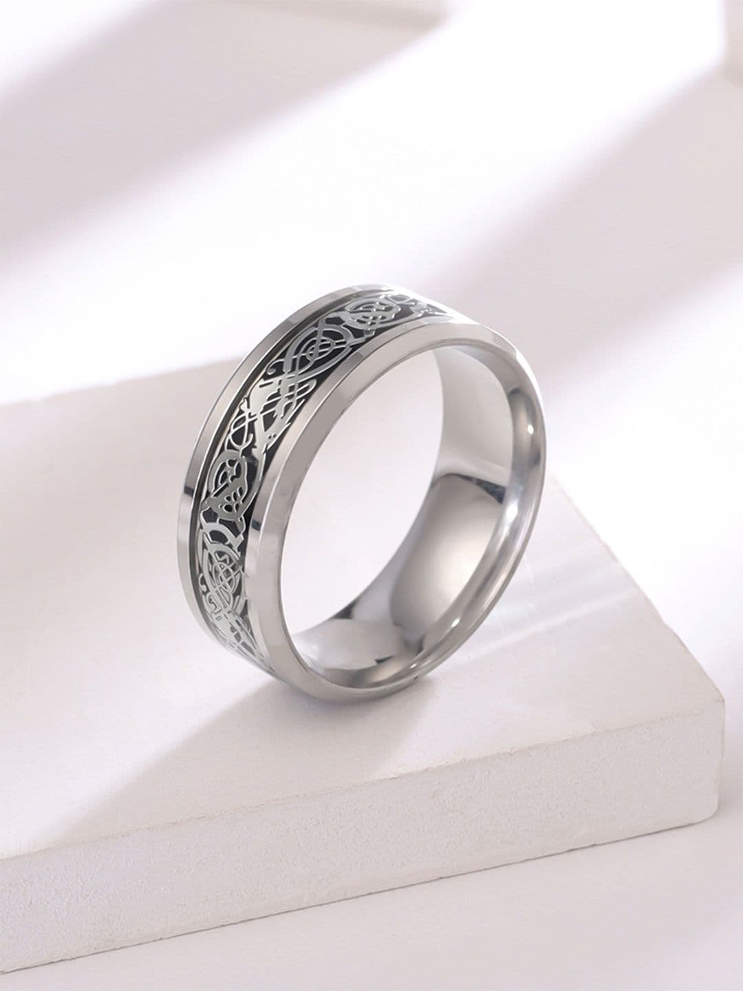 Yellow Chimes Black & Silver-Toned Dragon Celtic Inlay Stainless Steel Band Finger Ring - view 1