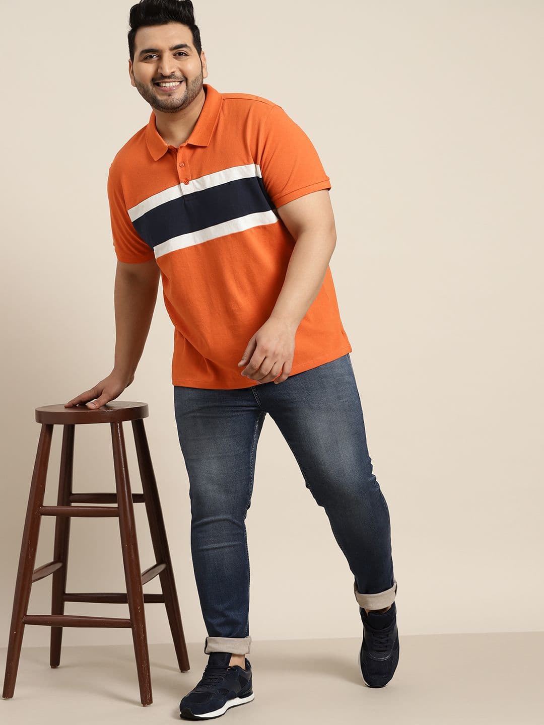 Sztori Men Plus Size Orange & Navy Blue Striped Polo Collar Cotton T-shirt - view 1