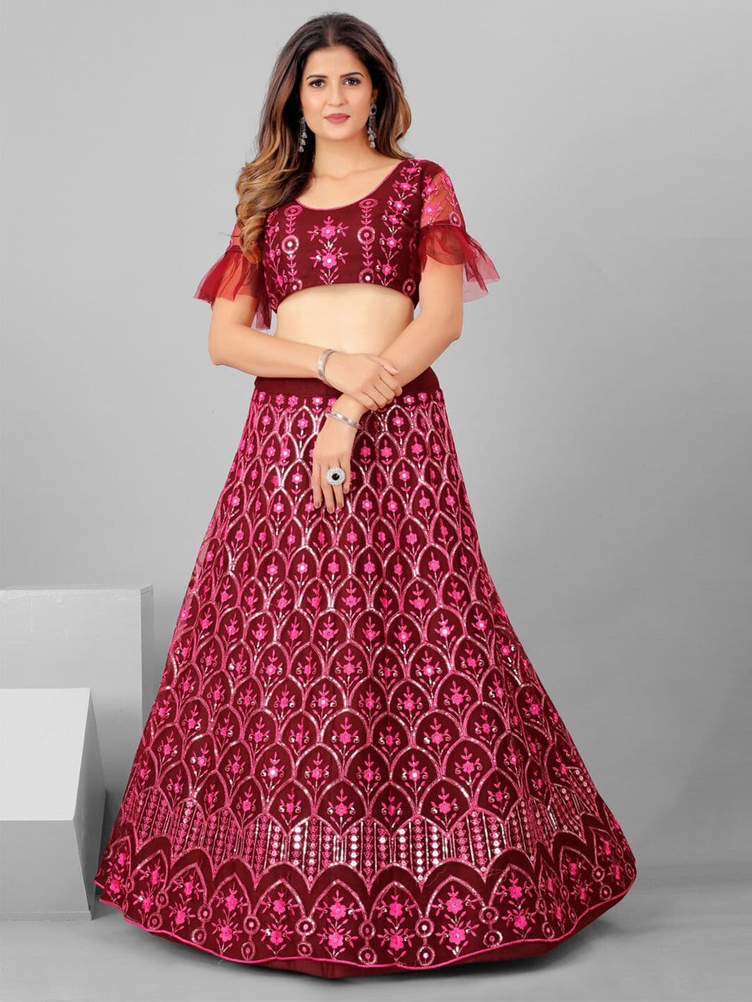 SHOPGARB Maroon Embellished Sequinned Semi-Stitched Lehenga & Unstitched Blouse With Dupatta - view 1