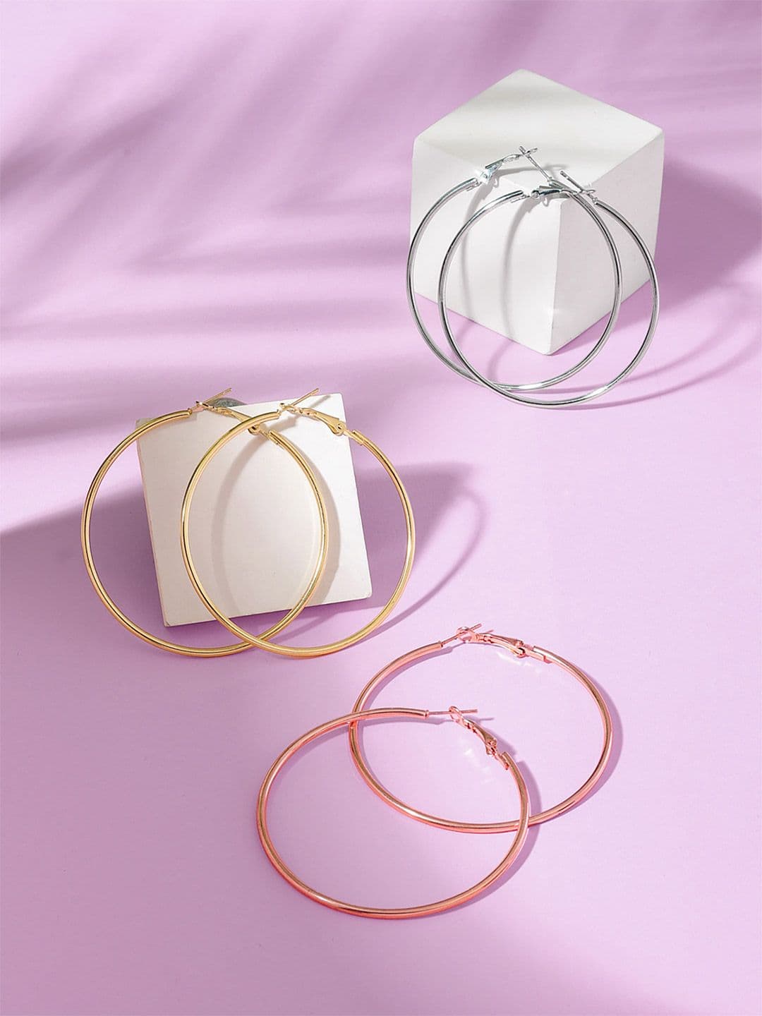 Yellow Chimes Set Of 3 Gold-Plated Silver-Toned Circular Hoop Earrings - view 1