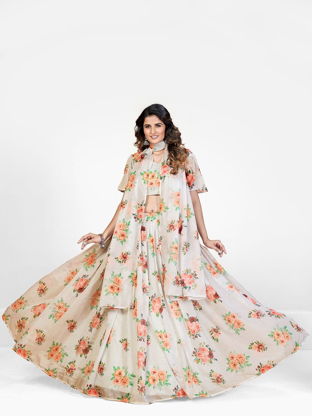 SHOPGARB White & Orange Printed Semi-Stitched Lehenga & Unstitched Blouse With Dupatta - view 1
