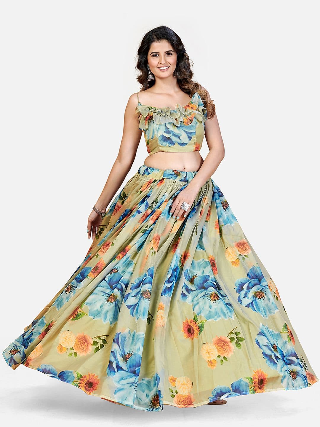 SHOPGARB Sea Green & Blue Printed Semi-Stitched Lehenga & Unstitched Blouse With Dupatta - view 1