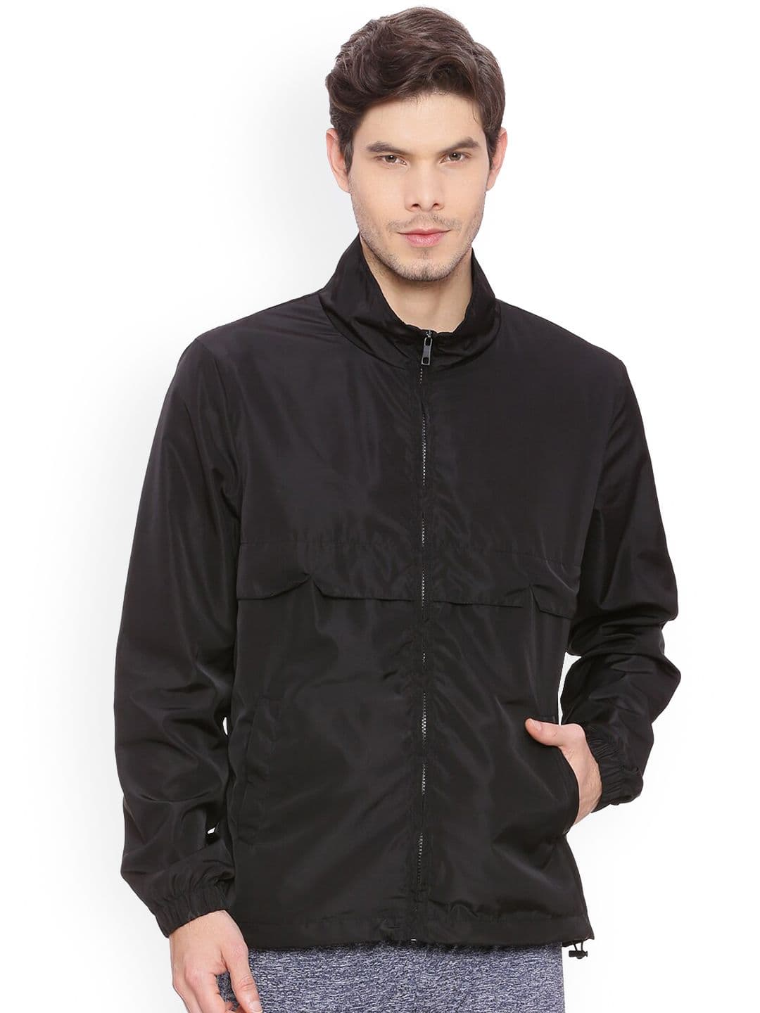 Basics Men Black Longline Bomber with Embroidered Jacket - view 1