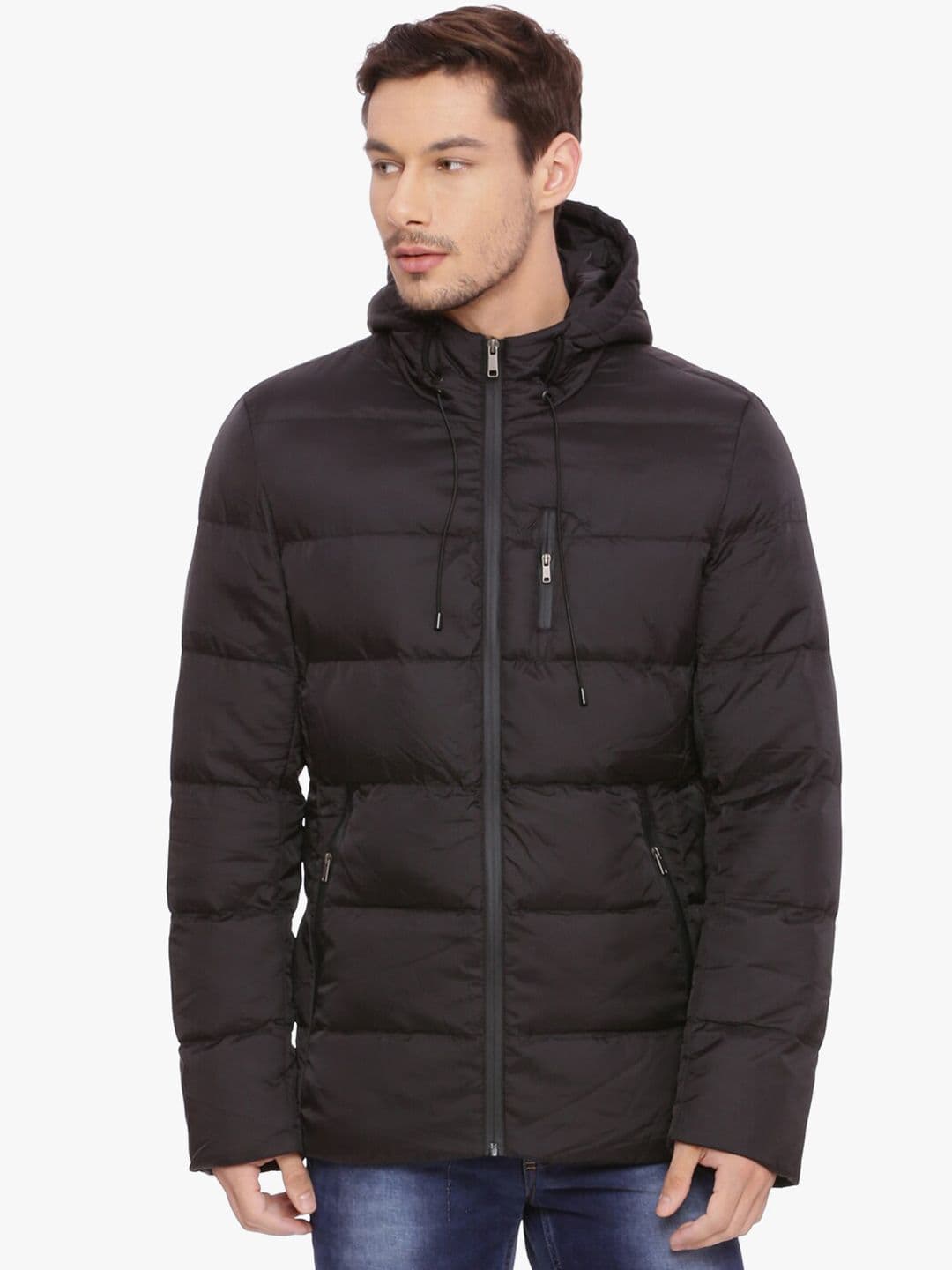 Basics Men Black Solid Longline Hooded Puffer Jacket - view 1