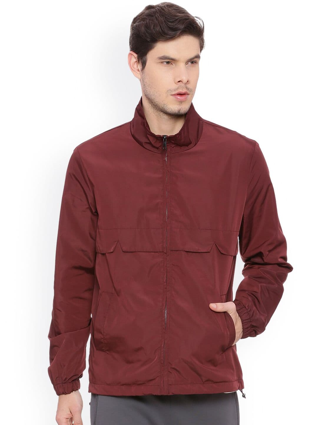 Basics Men Red Longline Sporty Jacket with Embroidered - view 1