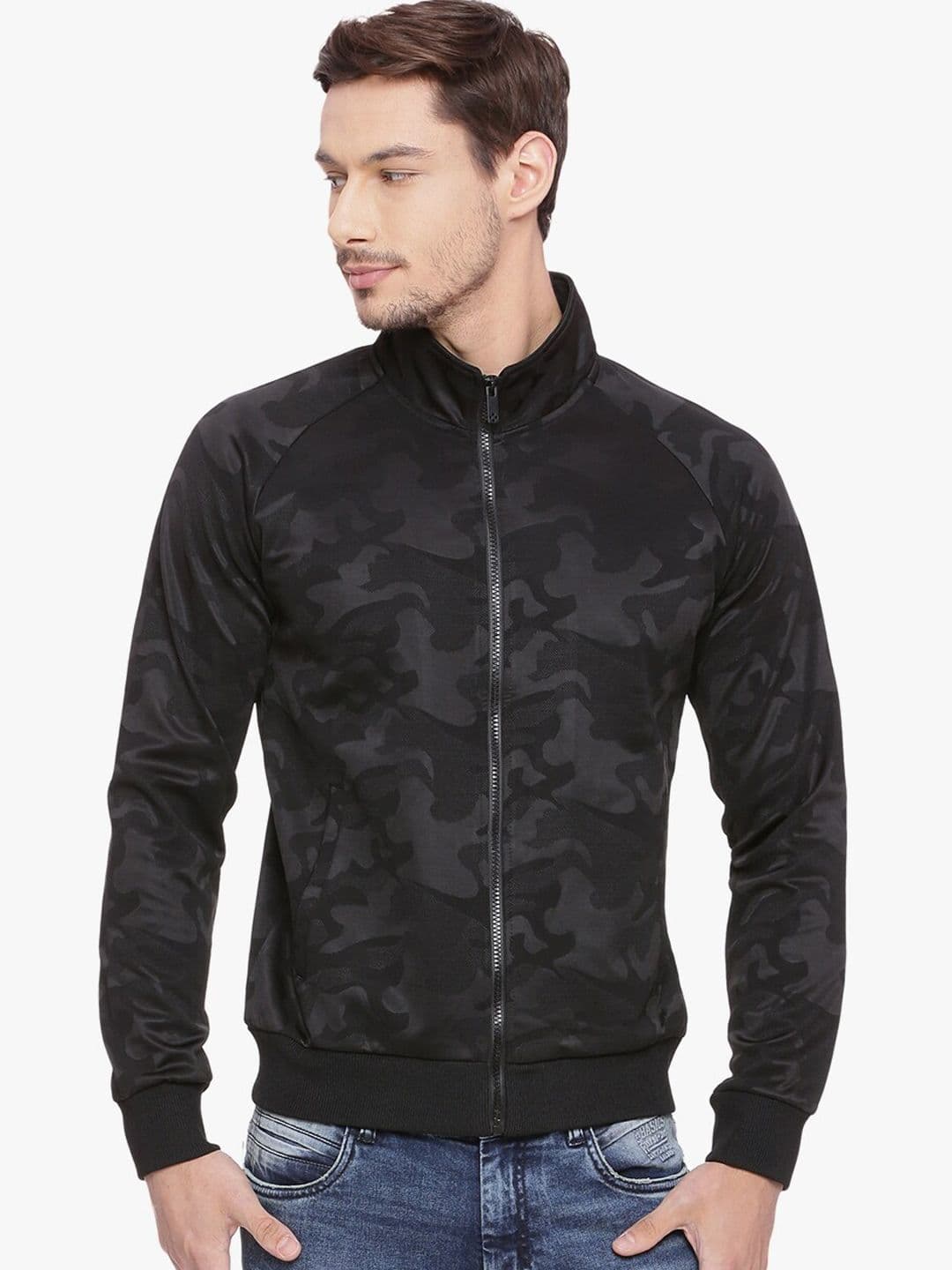 Basics Men Black Camouflage Crop Bomber Jacket - view 1
