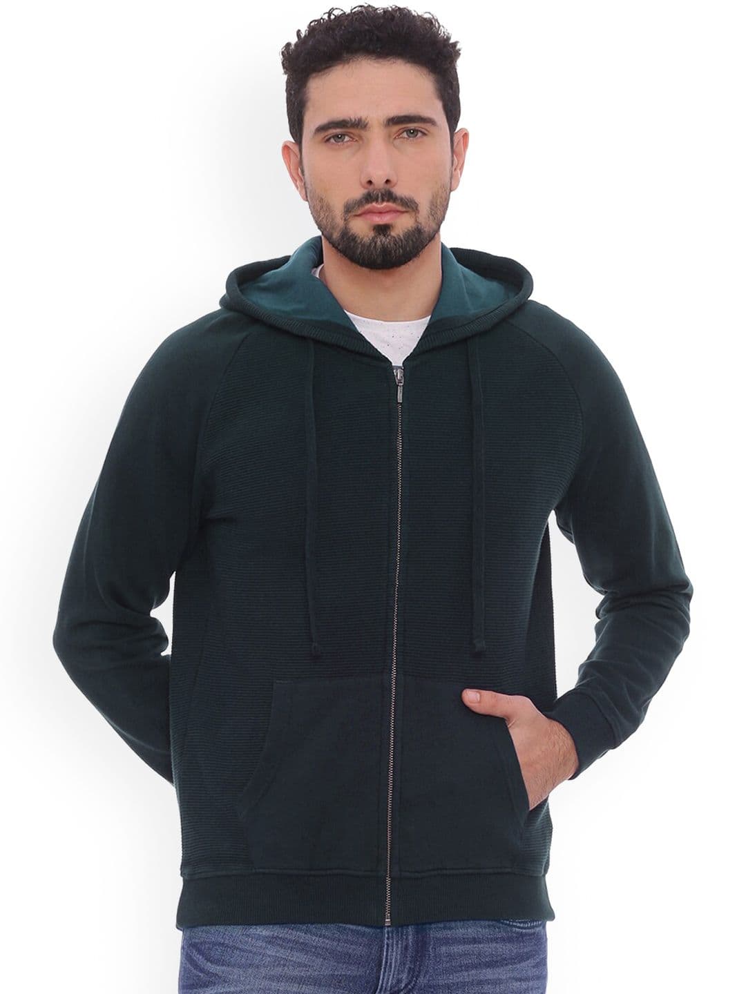 Basics Men Navy Blue Striped Hooded Bomber Jacket - view 1