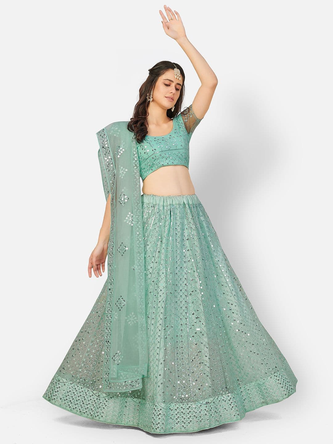 SHOPGARB Turquoise Blue & Silver-Toned Sequinned Semi- Stitched Lehenga Choli Set - view 1