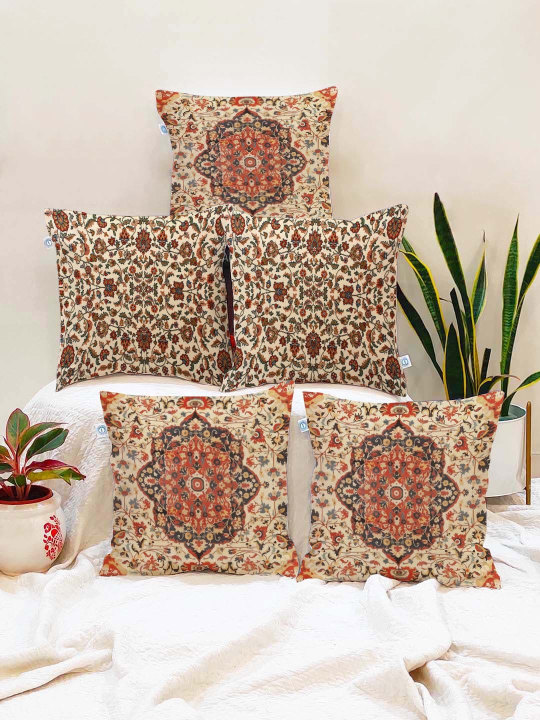STITCHNEST Set of 5 Brown & Beige Floral 16'' x 16'' Cushion Cover - view 1