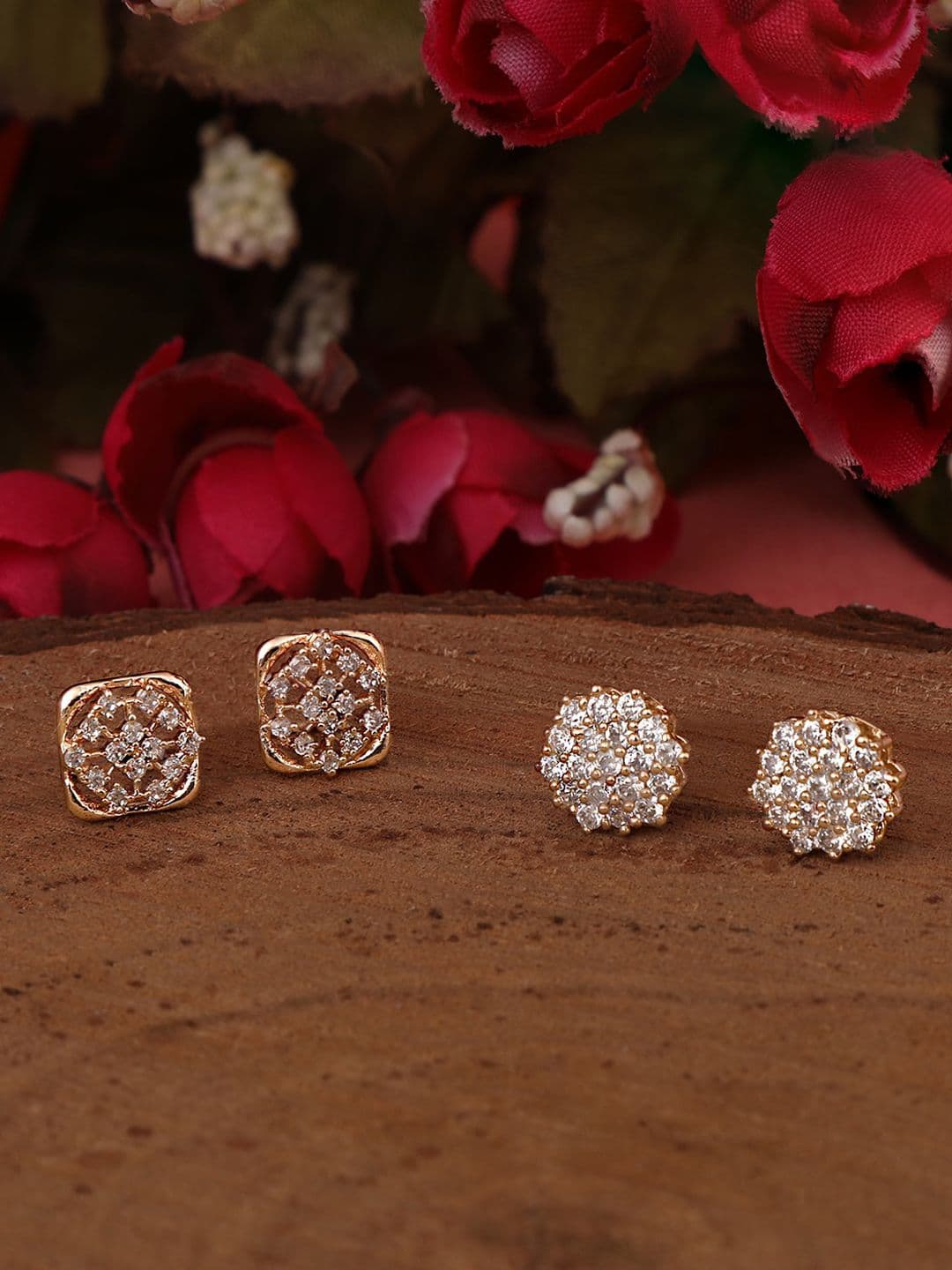 ZINU Rose Gold-Plated Cubic Zirconia Studded Circular Studs Earrings - view 1