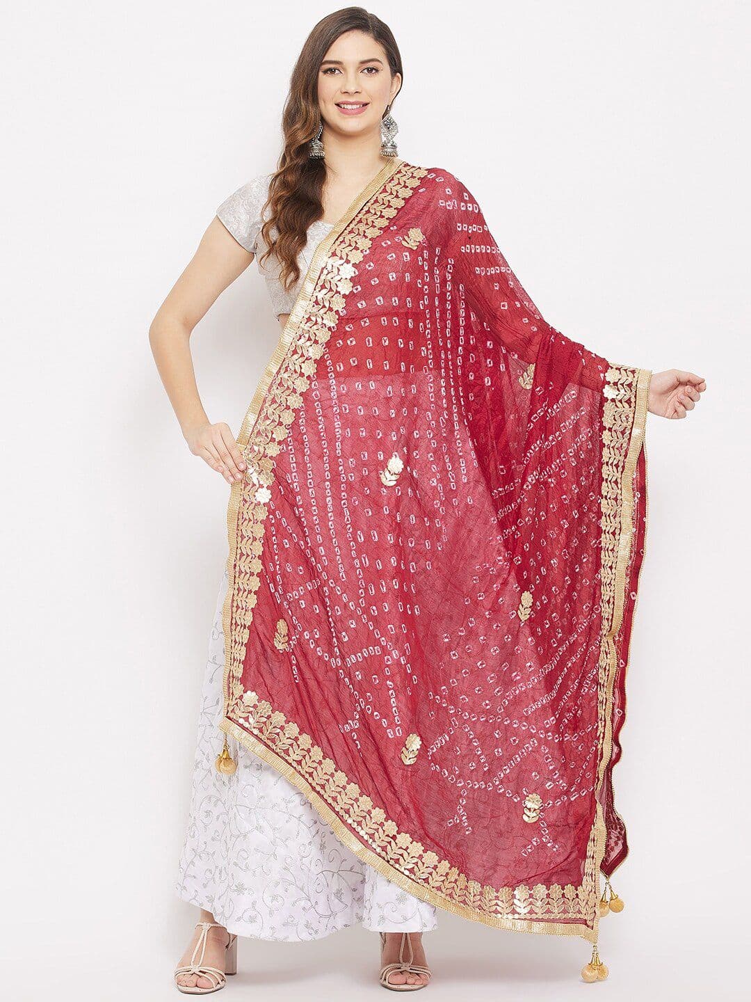 Clora Creation Maroon & Gold-Toned Dyed Tie and Dye Dupatta with Gotta Patti - view 1