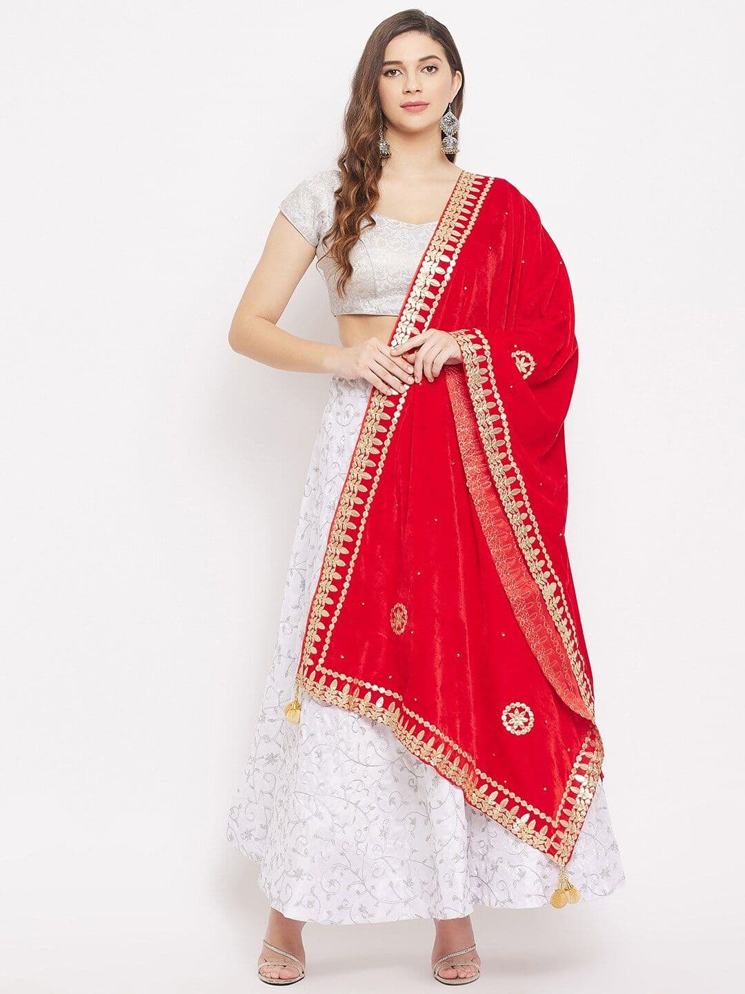 Clora Creation Red & Gold Ethnic Motifs Embroidered Velvet Dupatta with Gotta Patti - view 1