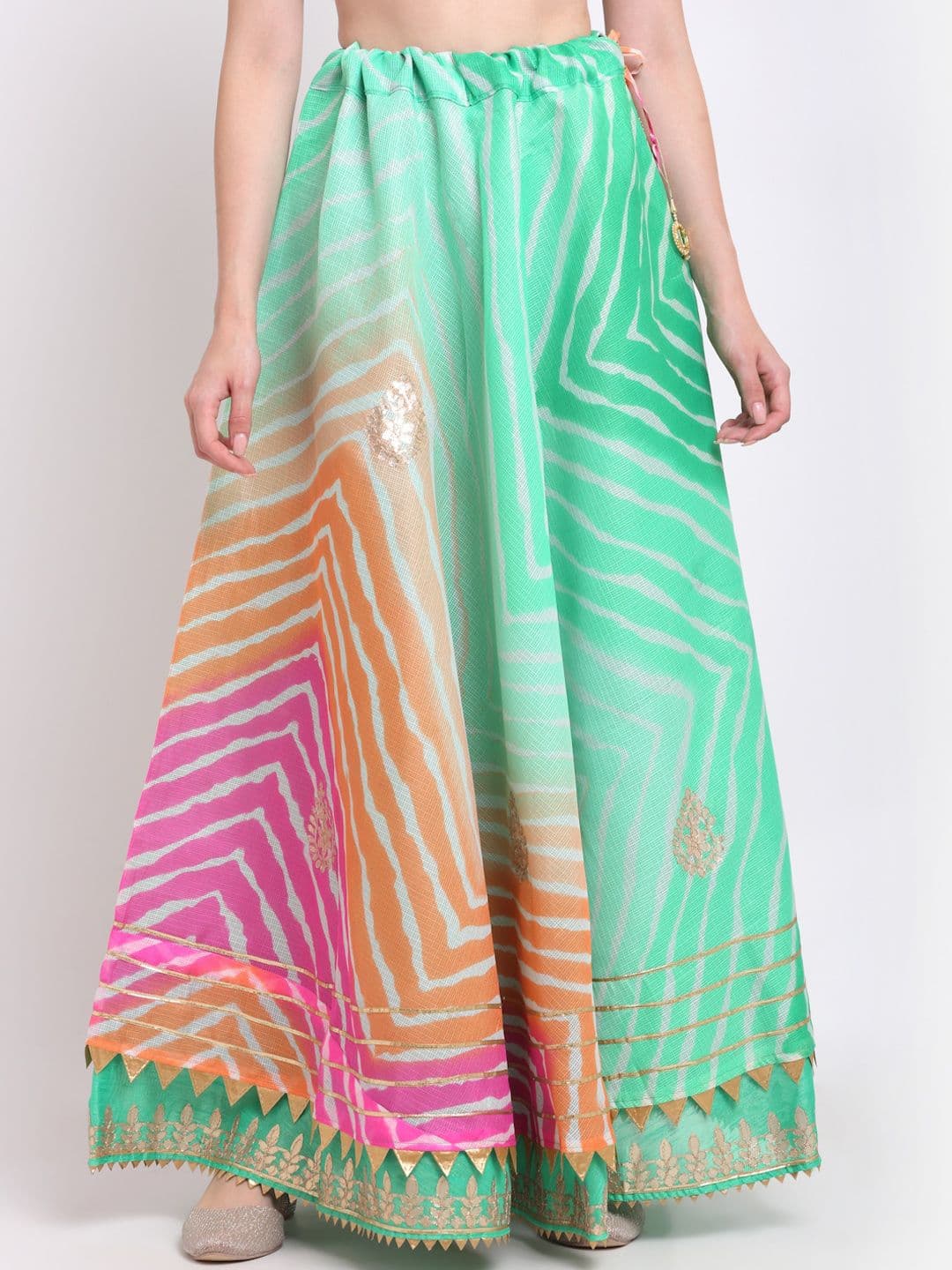 SOUNDARYA Women Green & Orange Striped Flared Maxi Skirt - view 1