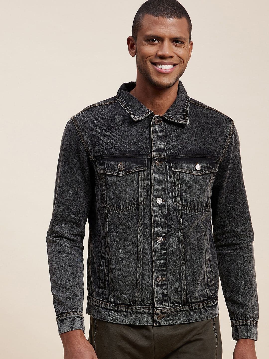MASCLN SASSAFRAS Men Black Washed Denim Jacket - view 1