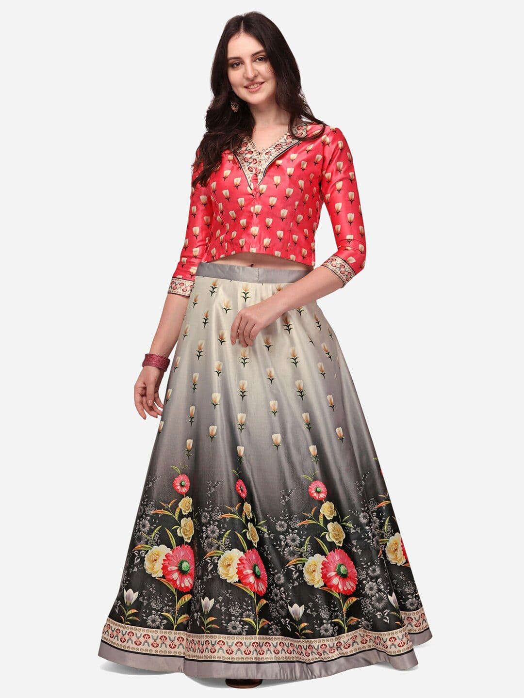 Mitera Black & Cream-Coloured Printed Semi-Stitched Lehenga & Unstitched Blouse With Dupatta - view 1