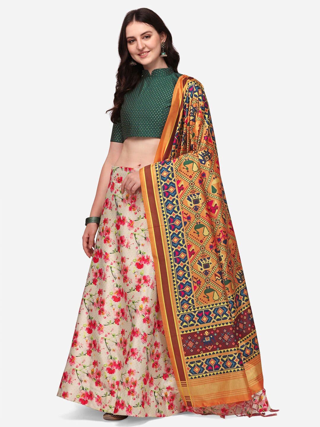 Mitera Beige & Green Semi-Stitched Lehenga & Unstitched Blouse With Dupatta - view 1
