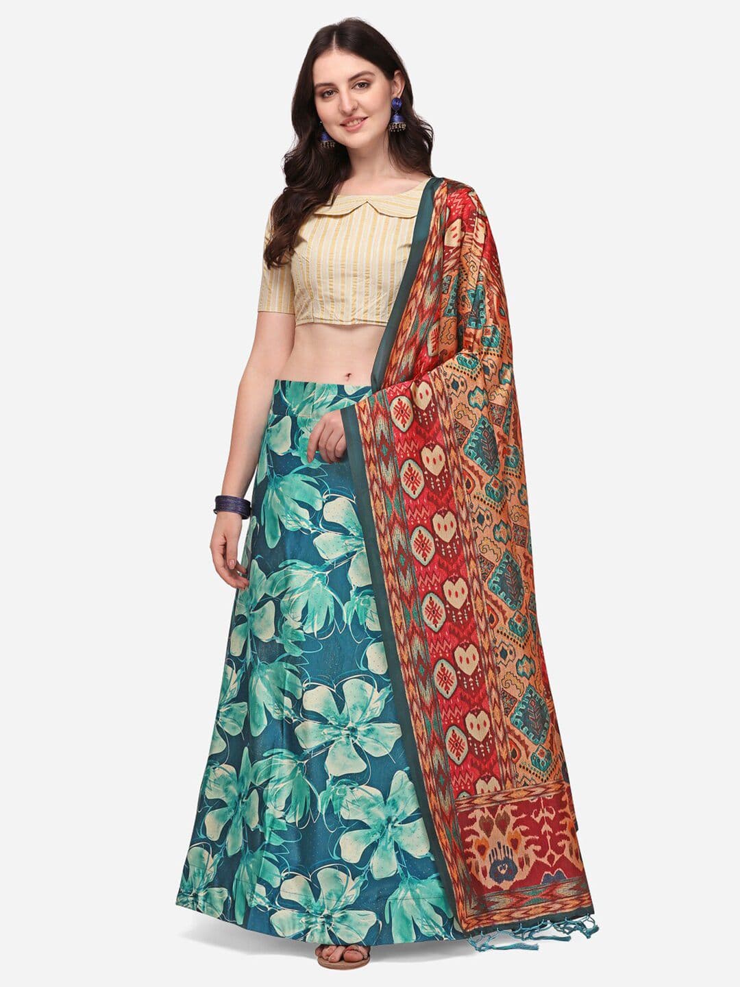 Mitera Blue & Beige Printed Semi-Stitched Lehenga & Unstitched Blouse With Dupatta - view 1