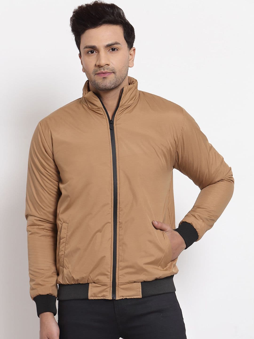 Style Quotient Men Tan & Black Solid Lightweight Bomber Jacket - view 1