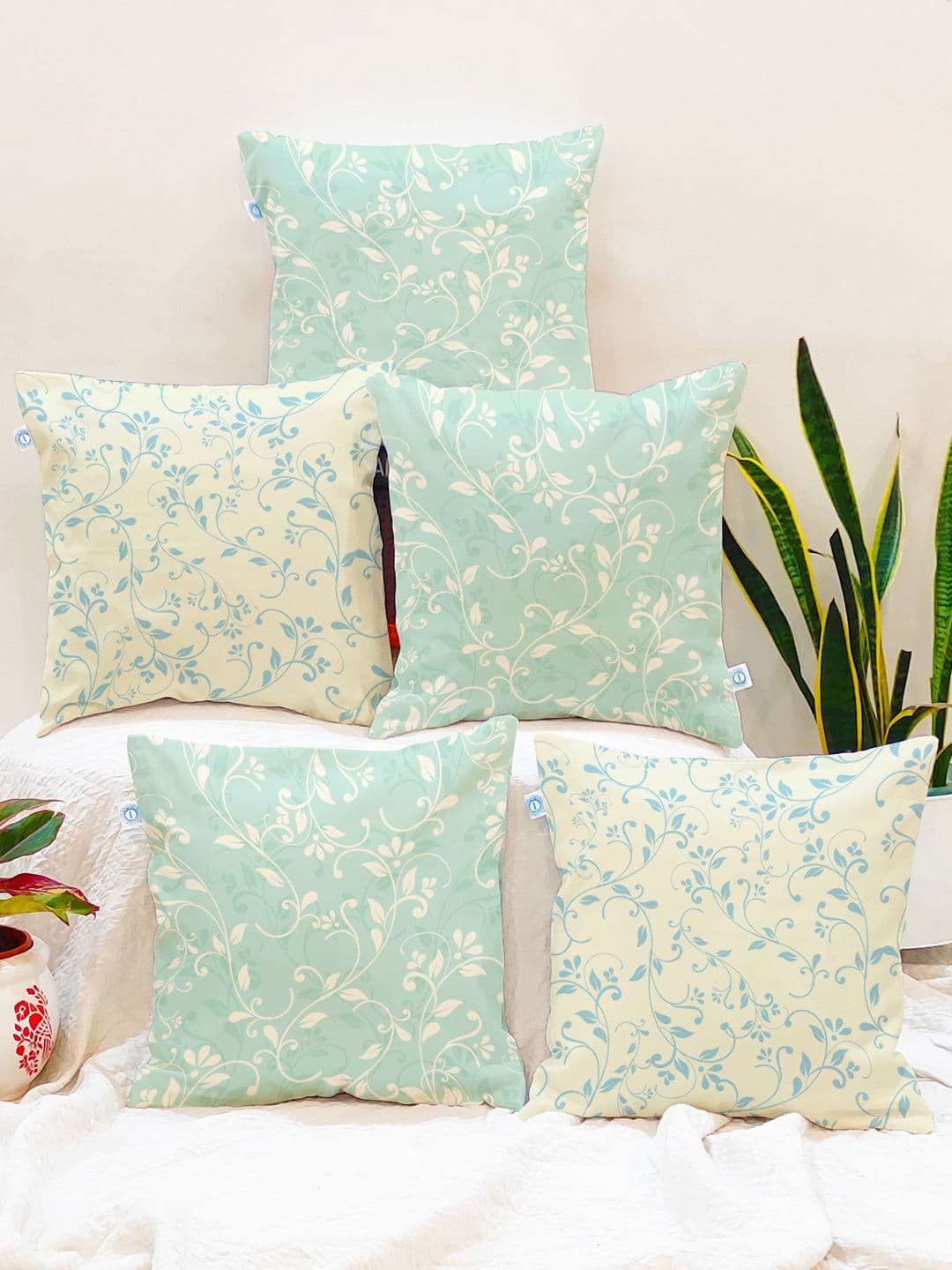 STITCHNEST Set of 5 Green & Cream Cotton Canvas Cushion Cover - view 1