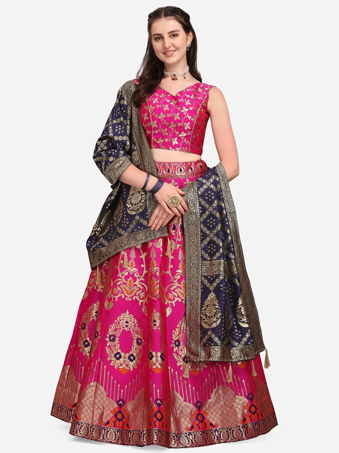 PURVAJA Pink & Navy Blue Ready to Wear Lehenga & Unstitched Blouse With Dupatta - view 1