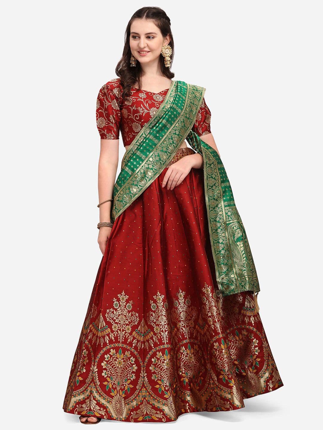 PURVAJA Maroon & Green Ready to Wear Lehenga & Unstitched Blouse With Dupatta - view 1