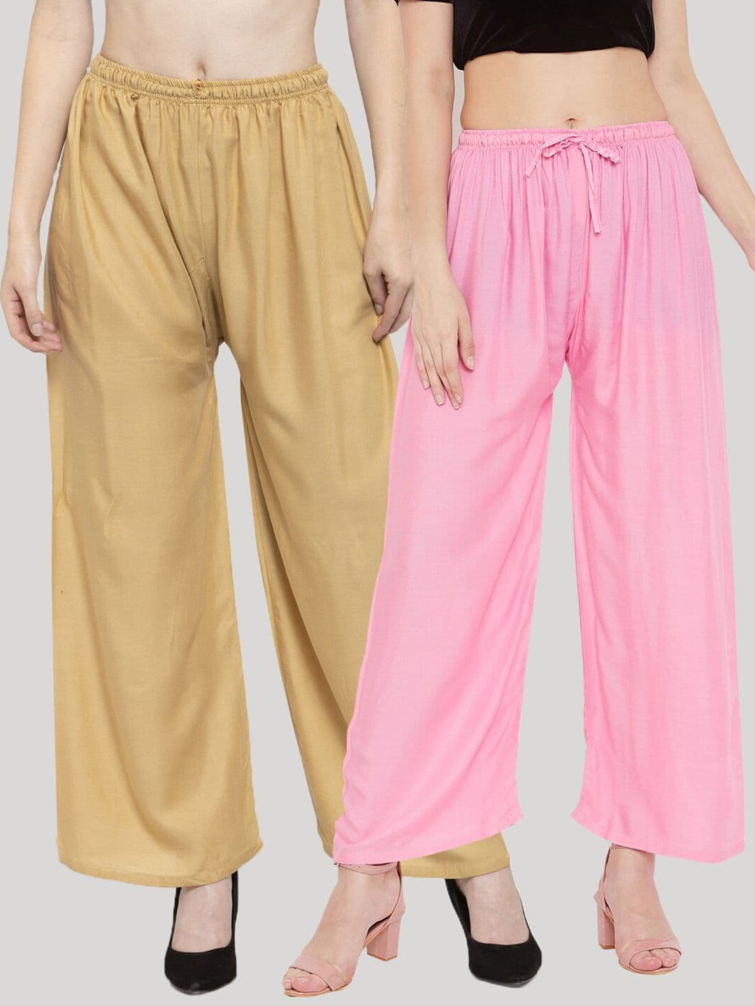 Clora Creation Women Tan & Pink Set Of 2 Knitted Ethnic Palazzos - view 1