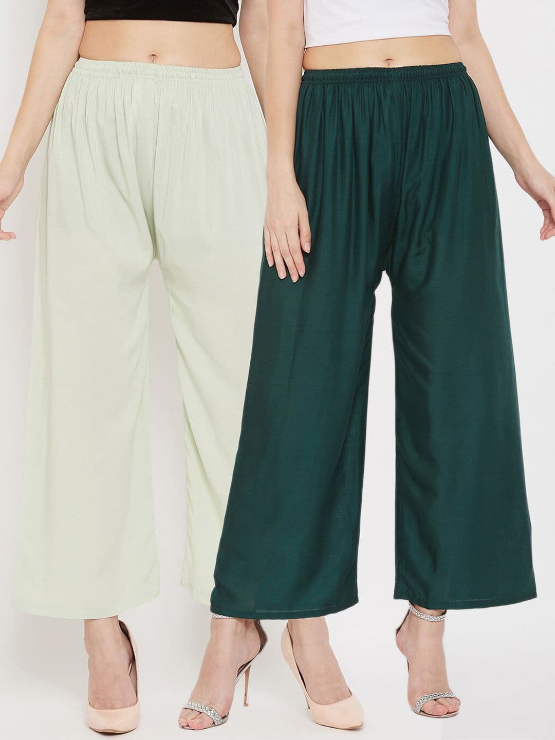 Clora Creation Women Pack Of 2 Green & Off White Knitted Ethnic Palazzos - view 1
