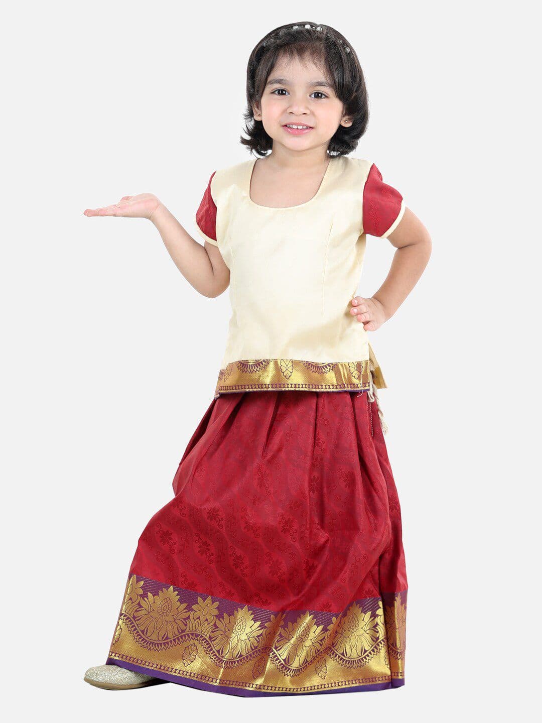 BownBee Girls Cream-Coloured & Red Cotton Ready to Wear Pavda Pattu Lehenga - view 1