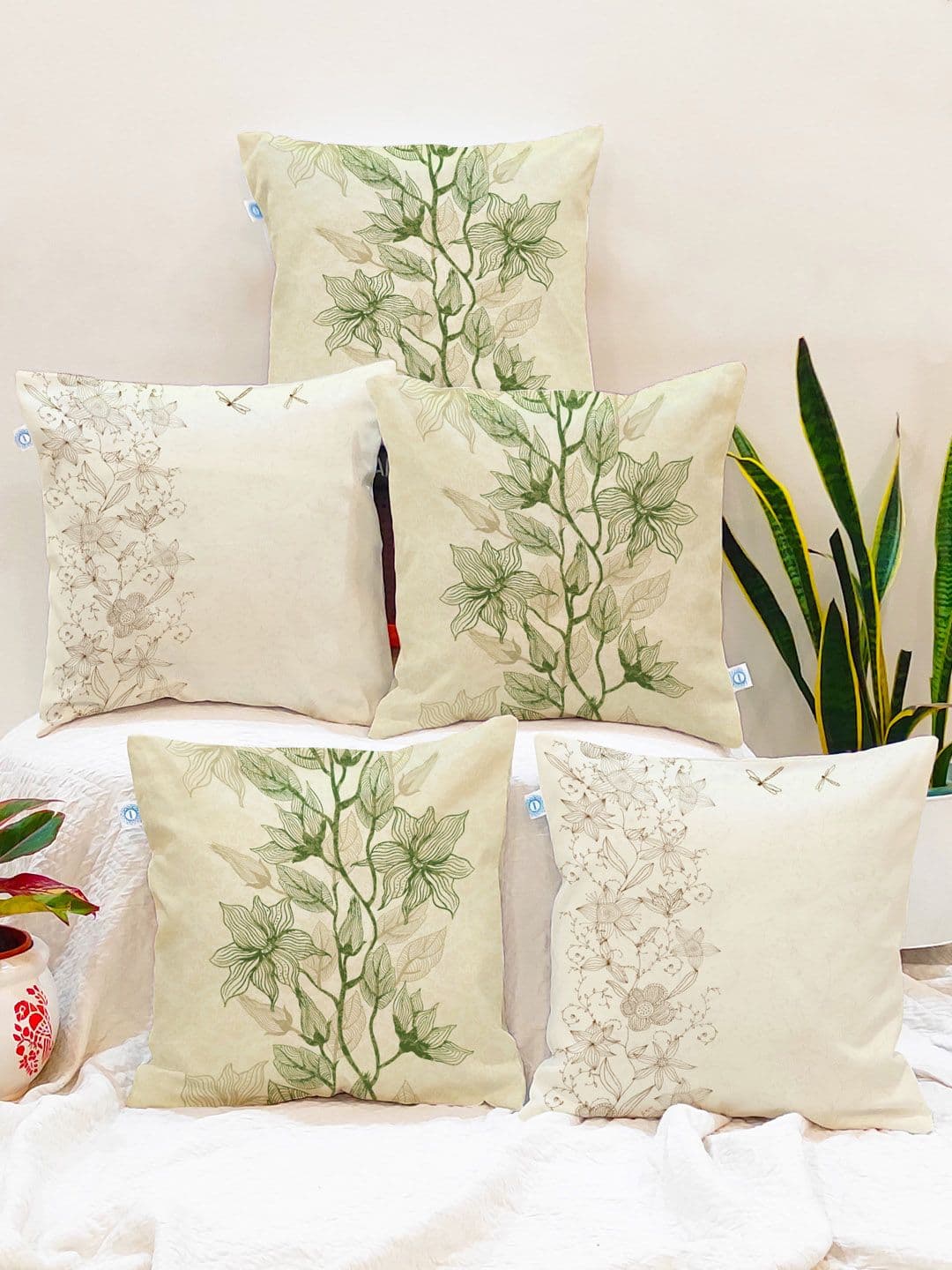 STITCHNEST Cream Floral Cotton Washable 5 Piece Square Cushion Covers -18x18In - view 1