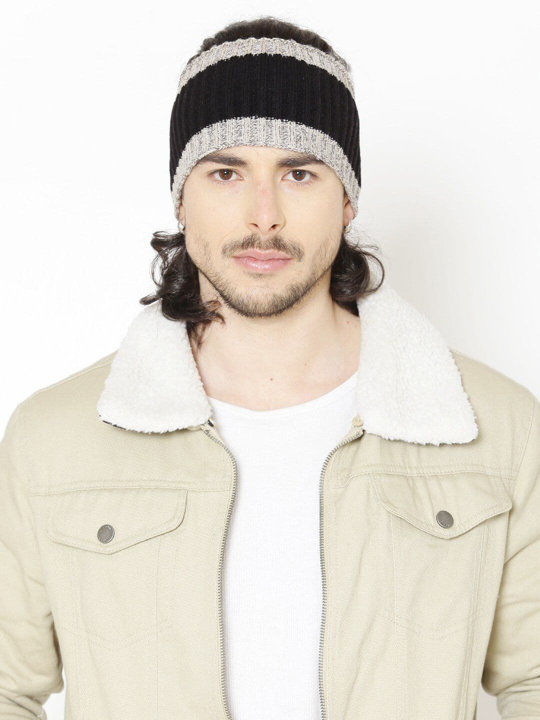 Bharatasya Men Black & Grey Ribbed knitted Headband - view 1