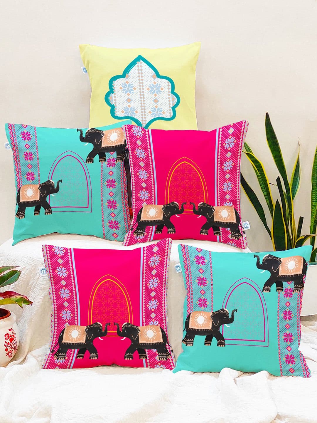 STITCHNEST Set of 5 Pink & Blue Ethnic Motifs 12'' x 12'' Cushion Cover - view 1