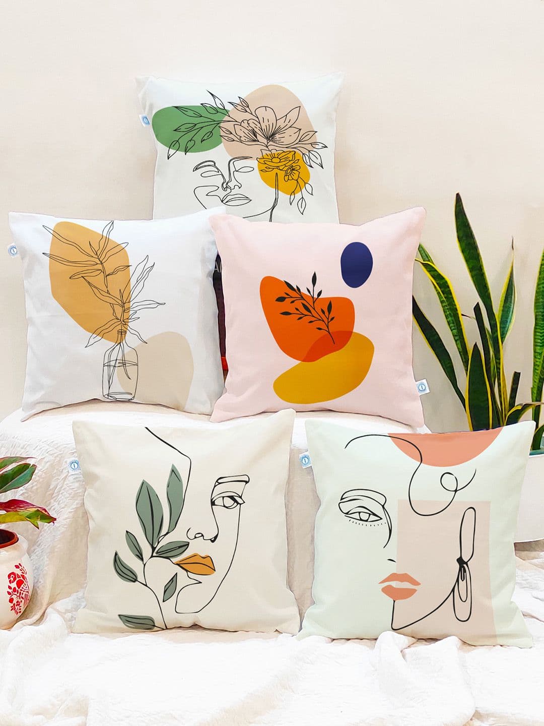 STITCHNEST Pink Leaf Cotton Lightweight 5 Piece Square Cushion Covers -16x16In - view 1