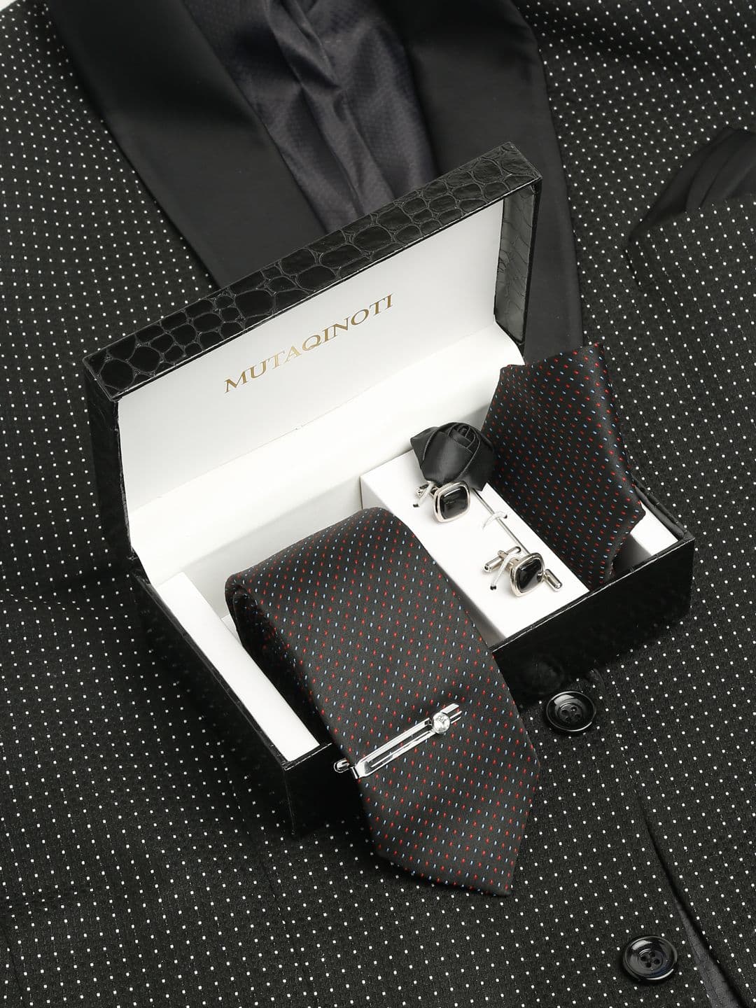 MUTAQINOTI Men Floral Black Silk Necktie Accessory Gift Set - view 1