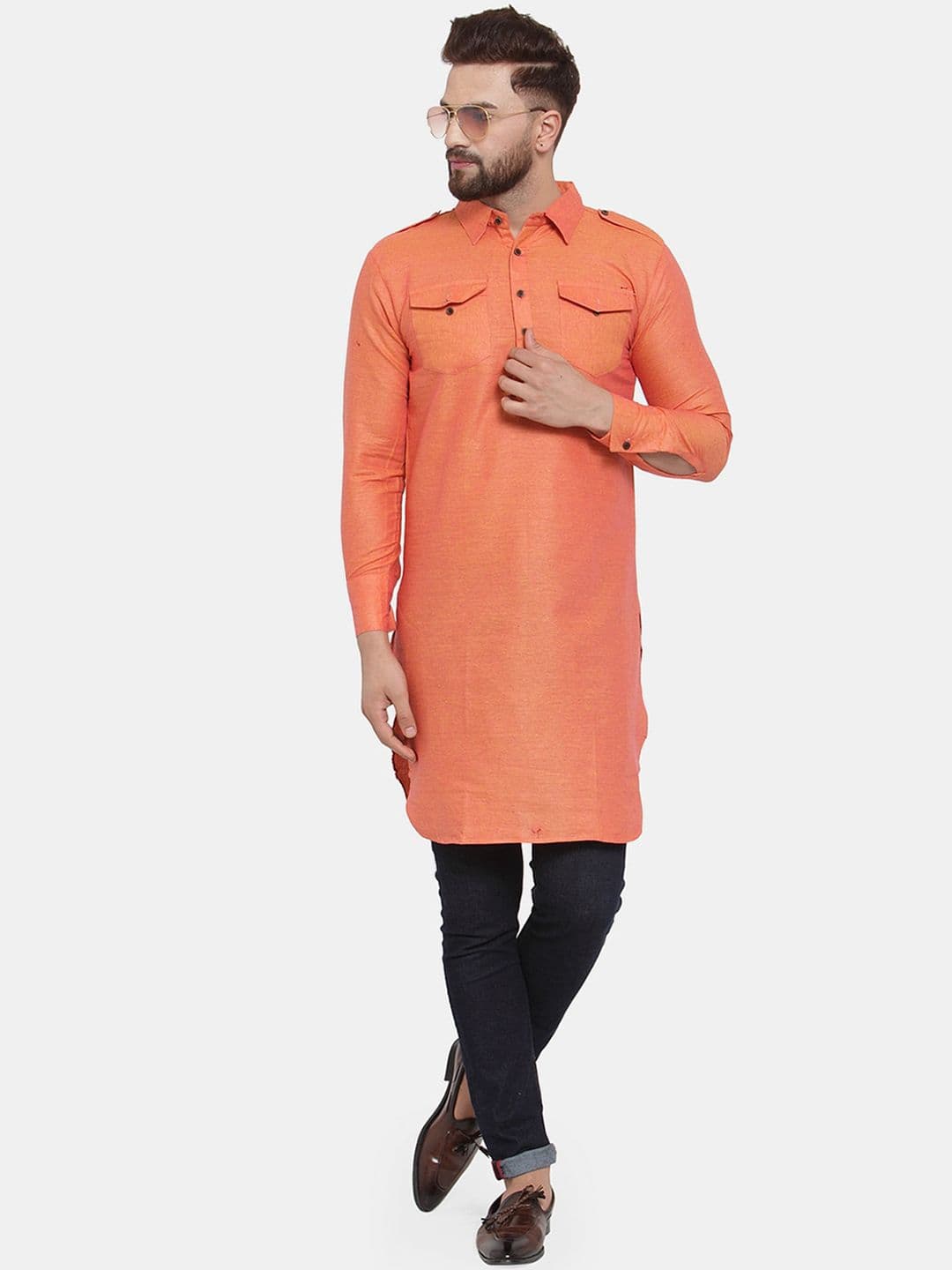 Enchanted Drapes Men Orange Pure Cotton Pathani Kurta - view 1