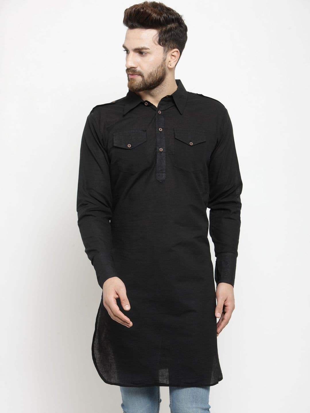 Enchanted Drapes Men Black Solid Pathani Kurta - view 1