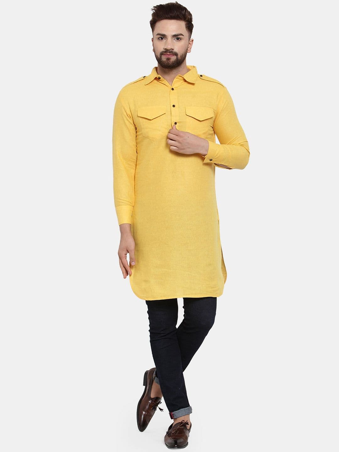 Enchanted Drapes Men Yellow Pure Cotton Pathani Kurta - view 1