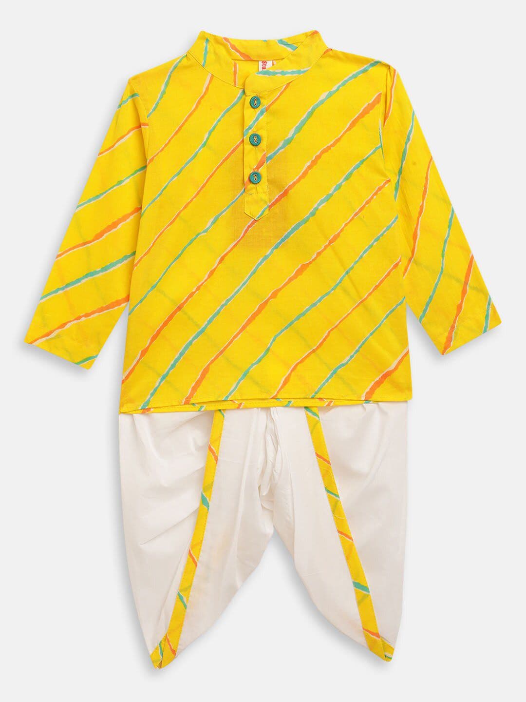 Stuffie Land Boys Yellow Leheriya Printed Pure Cotton Kurta with Dhoti Pants - view 1