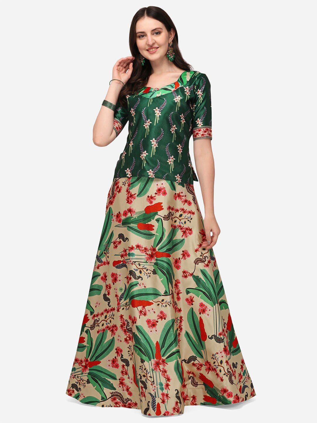 RAJGRANTH Cream-Coloured & Green Printed Semi-Stitched Lehenga & Unstitched Blouse - view 1
