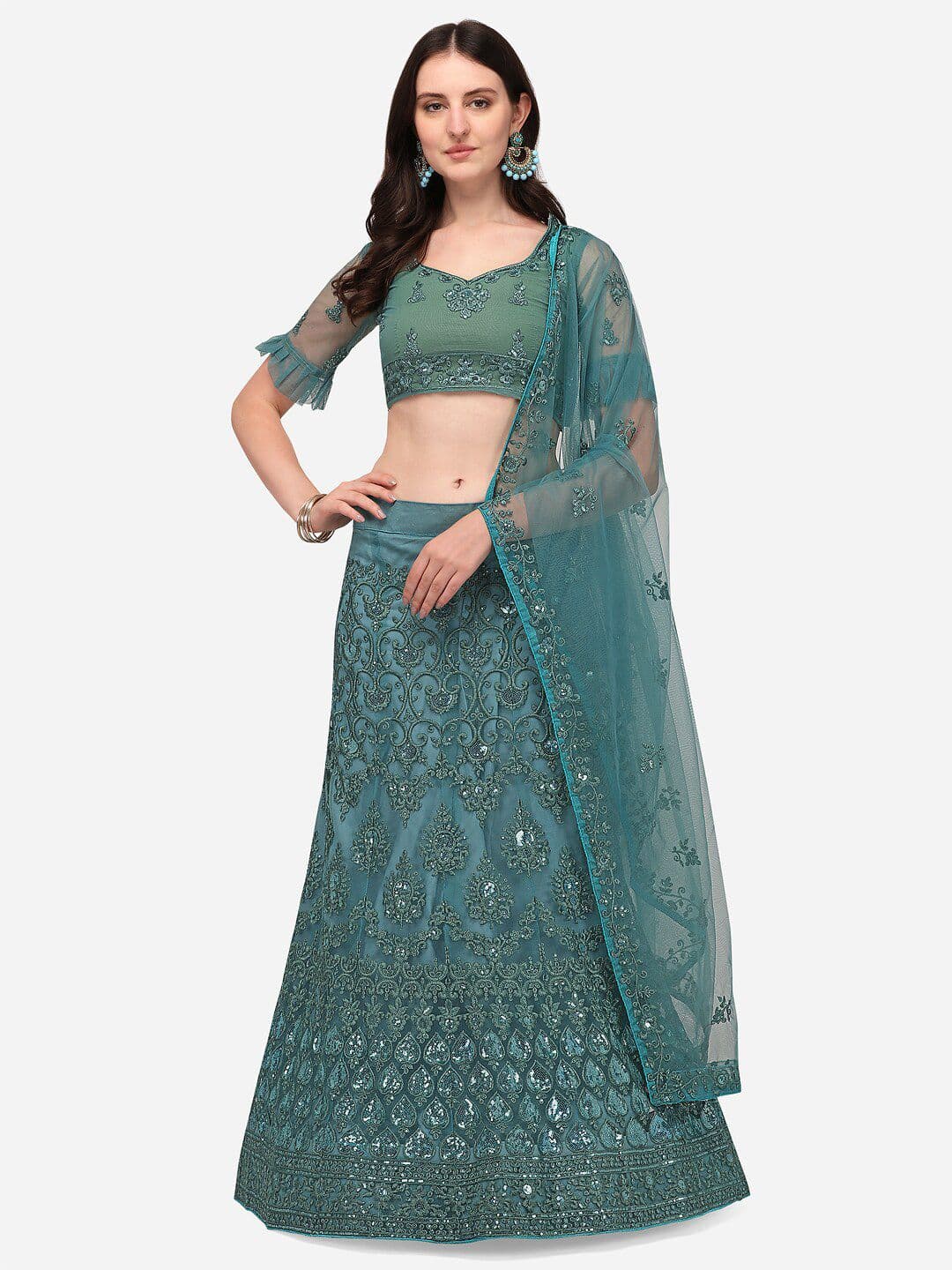 RAJGRANTH Turquoise Blue Embroidered Semi-Stitched Lehenga & Unstitched Blouse With Dupatta - view 1