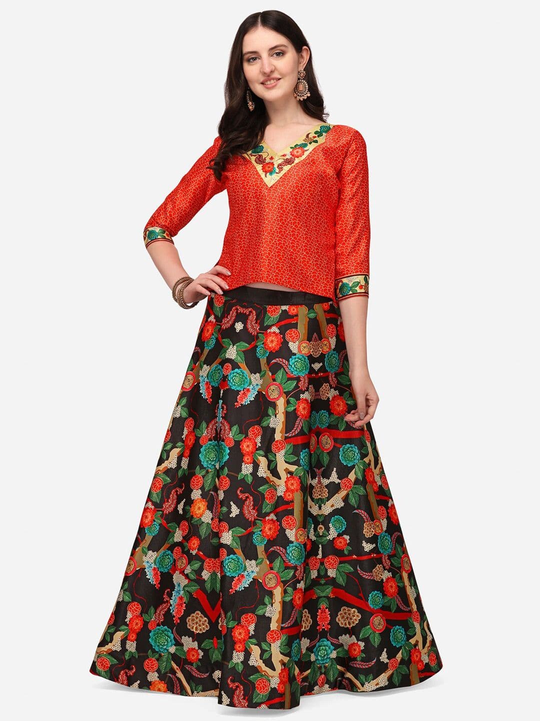 RAJGRANTH Black & Orange Printed Semi-Stitched Lehenga & Unstitched - view 1