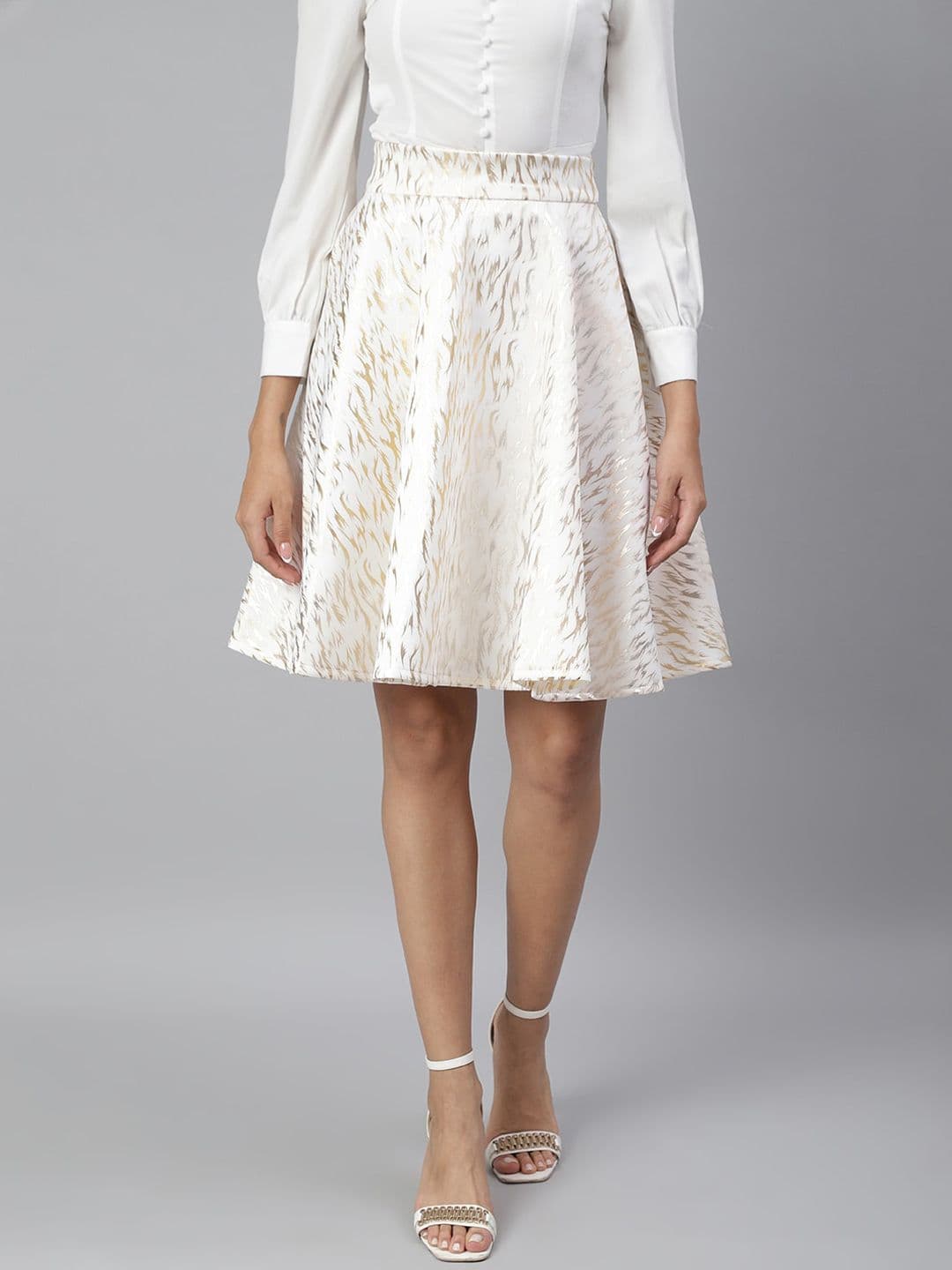 SCORPIUS Women White Printed Flared Knee-Length Skirt - view 1