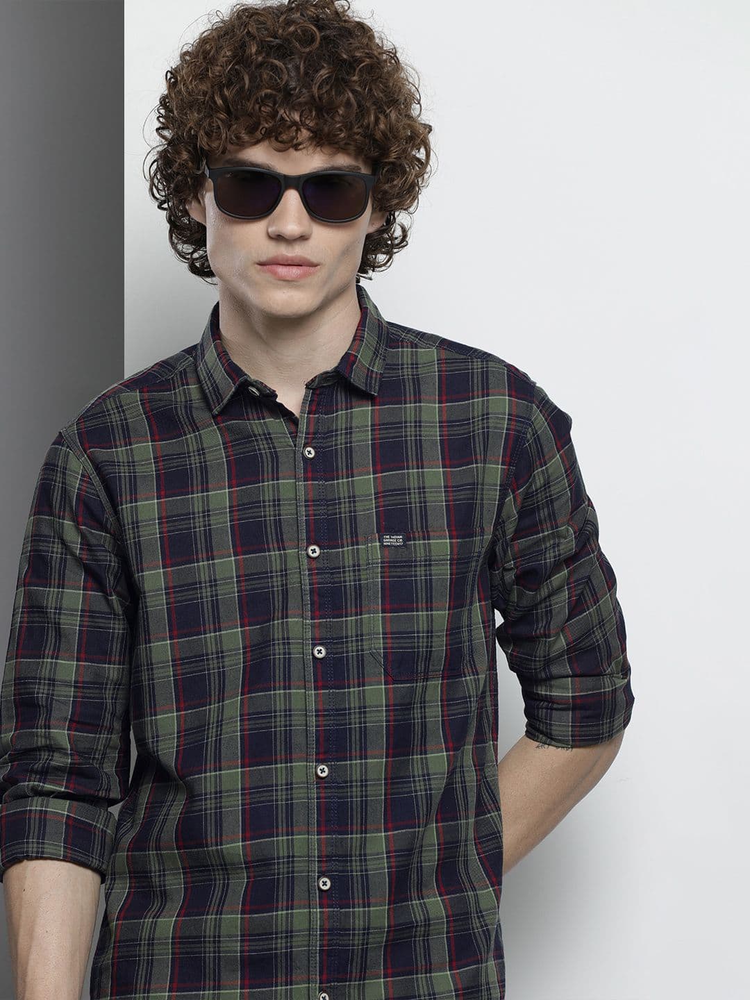 The Indian Garage Co Men Navy Blue & Olive Green Tartan Checked Casual Shirt - view 1
