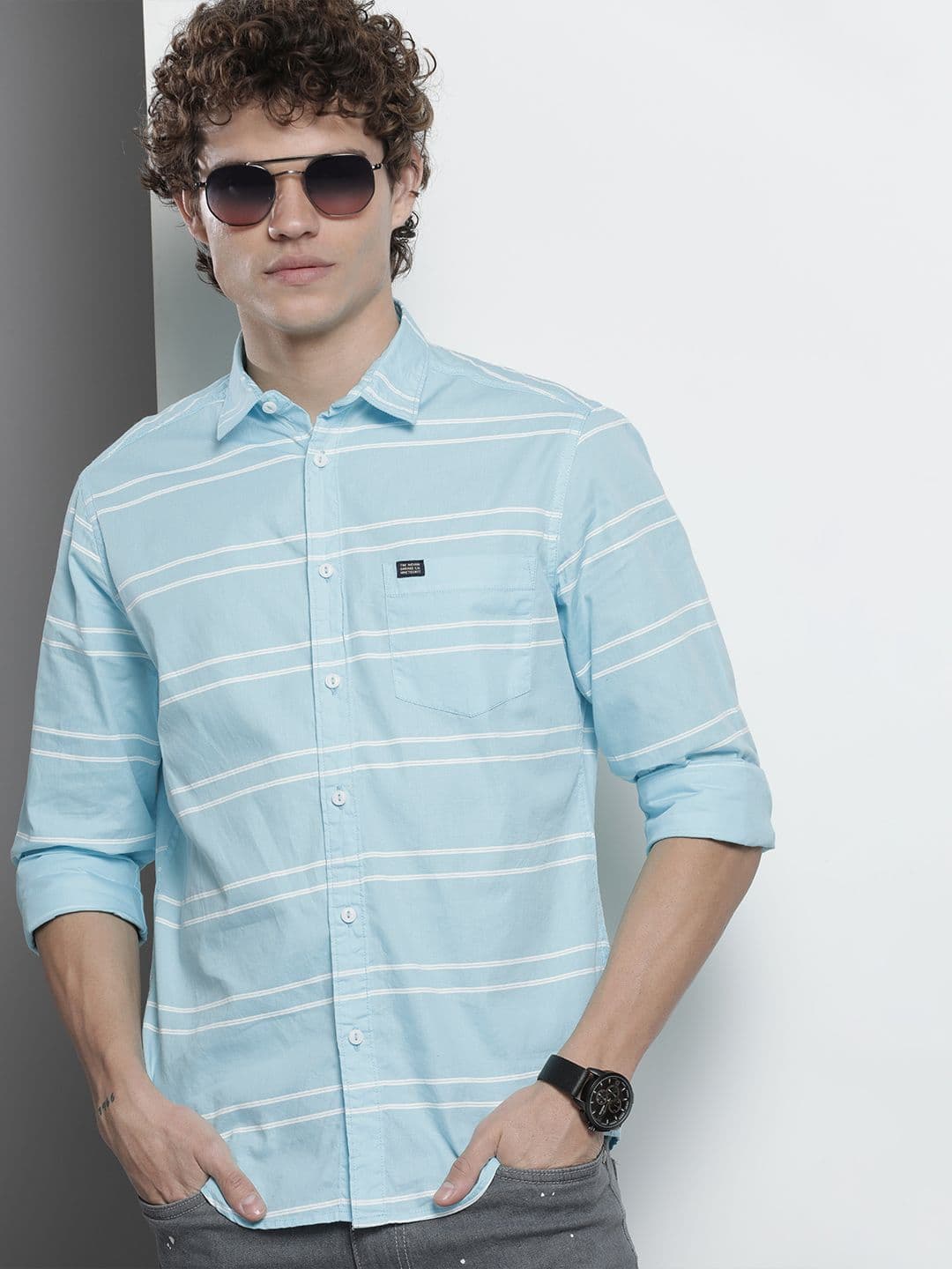The Indian Garage Co Men Turquoise Blue Horizontal Striped Casual Shirt - view 1