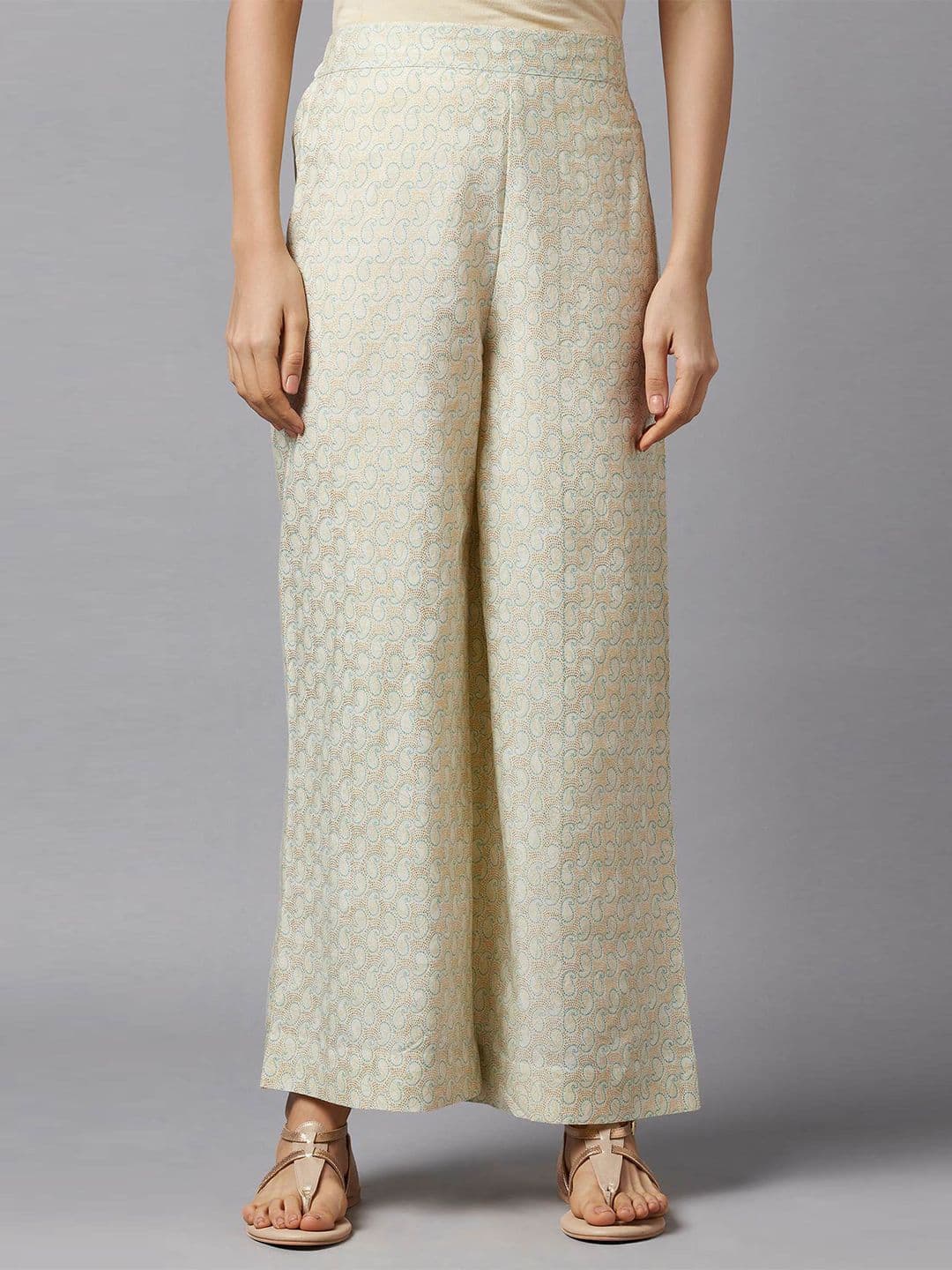 AURELIA Women White & Blue Ethnic Motifs Printed Knitted Ethnic Palazzos - view 1