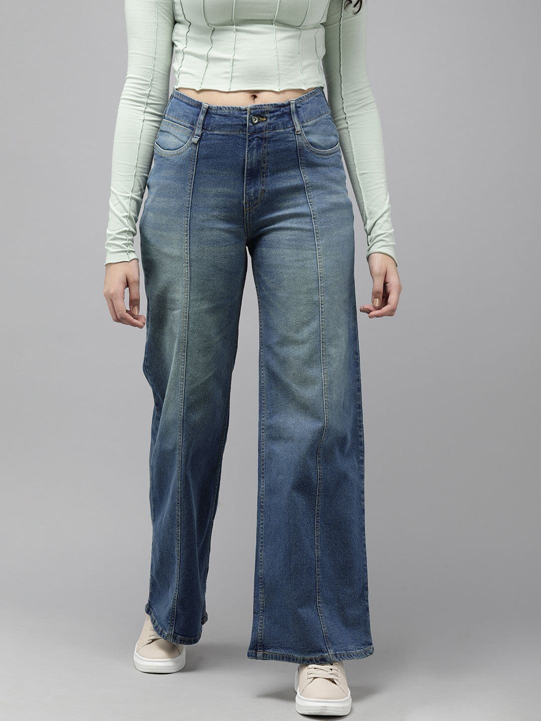 Roadster Women Blue Wide Leg High-Rise Heavy Fade Stretchable Jeans with Cut & Sew Detail - view 1