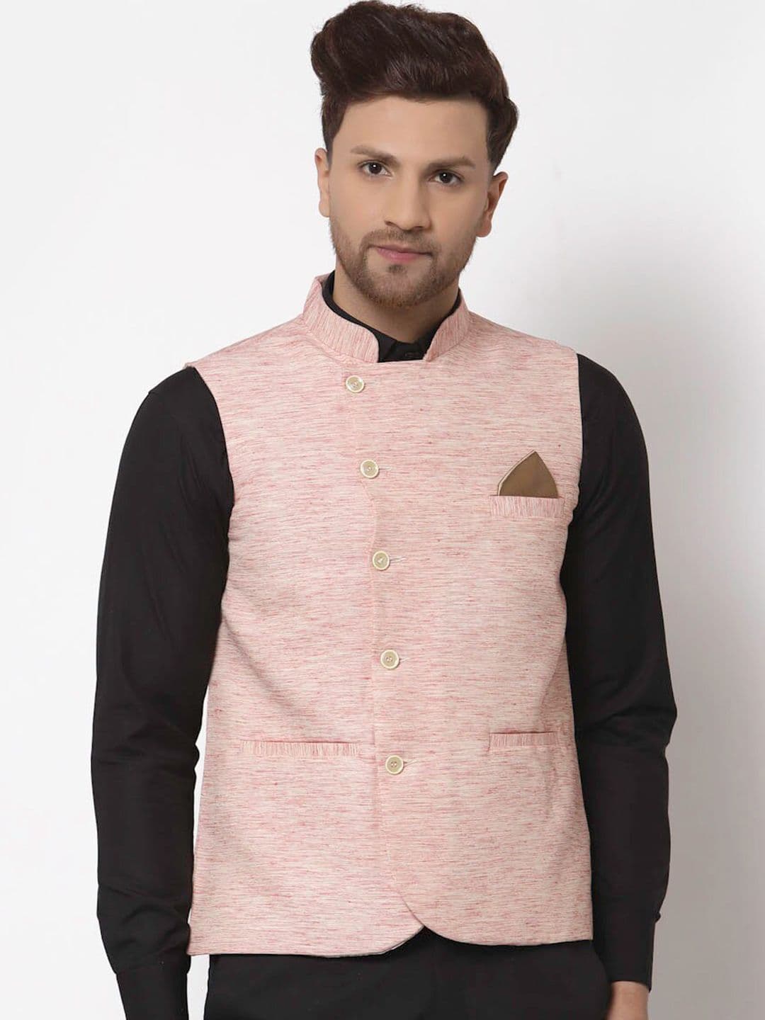 KLOTTHE Men Red Woven Design Pure Cotton Woven Nehru Jacket - view 1